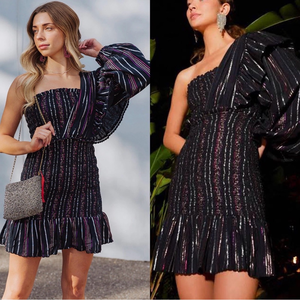 Farm Rio Lurex Stripes Mini Dress Black Rainbow Metallic Smocked Puff Ruffle Xs